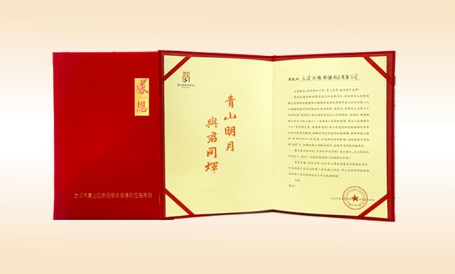 2020年3月-九州（中国）科技有限公司官网公司荣获-武汉市青山区新冠肺炎疫情防控指挥部颁发的荣誉证书